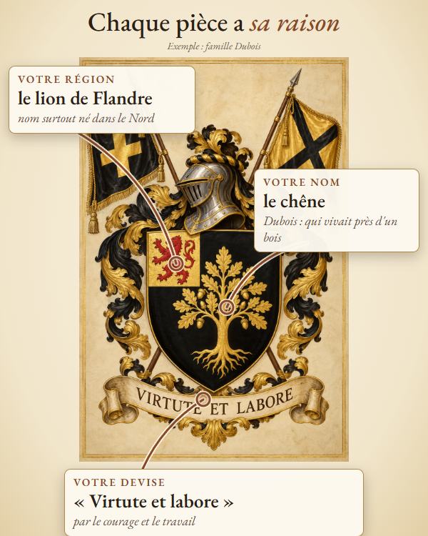 Exemple, famille Dubois : le chêne pour le nom (Dubois, celui qui vivait près d'un bois), le lion de Flandre pour la région où le nom est surtout né, la devise « Virtute et labore » sur le listel