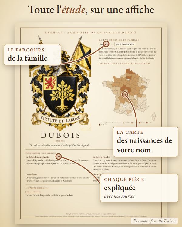 Exemple, famille Dubois : l'affiche complète, avec le parcours de la famille, la carte des naissances du nom et l'explication de chaque pièce