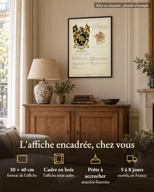 Mise en situation : l'affiche encadrée dans un salon. 30 × 40 cm, cadre en bois, prête à accrocher, livrée en France sous 5 à 8 jours ouvrés