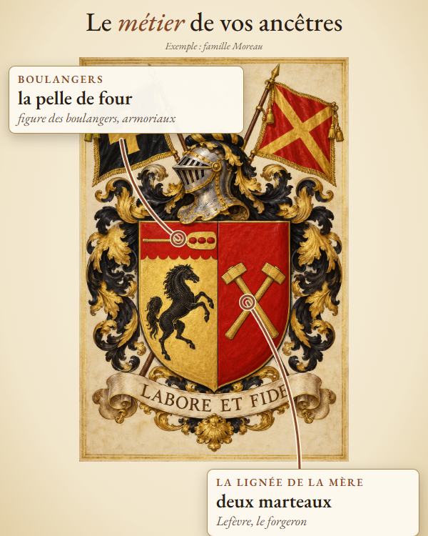 Exemple, famille Moreau, boulangers : la pelle de four des boulangers en haut de l'écu, et les deux marteaux de la lignée de la mère, Lefèvre, le forgeron