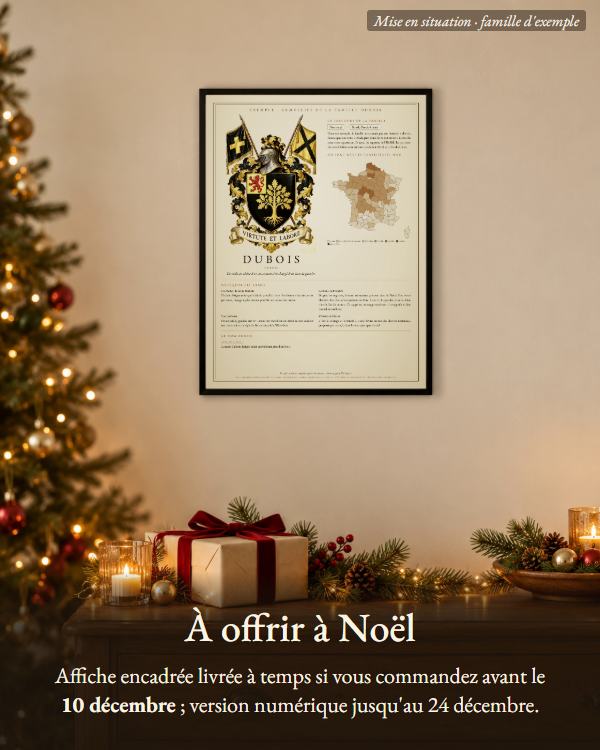 Mise en situation : l'affiche encadrée près d'un sapin, à offrir à Noël ; commande avant le 10 décembre pour l'affiche, version numérique jusqu'au 24 décembre
