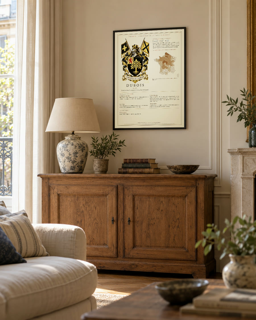 Mise en situation : l'affiche encadrée des armoiries d'une famille, accrochée dans un salon