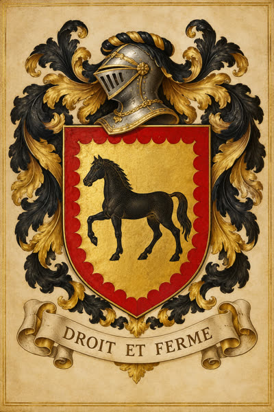 Blason d'exemple Moreau : cheval de sable, bordure engrêlée
