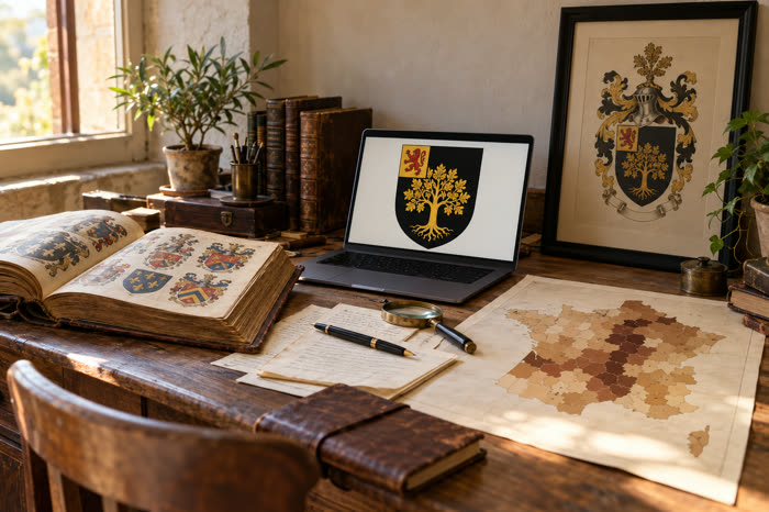 Bureau d'étude : un armorial ouvert, la carte du nom, des notes et les armoiries Dubois à l'écran et encadrées